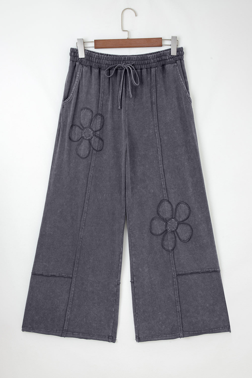 Light Grey Flower Patch Mineral Washed Terry Knit Cropped Wide Leg Pants Dear-Lover Dropshipping