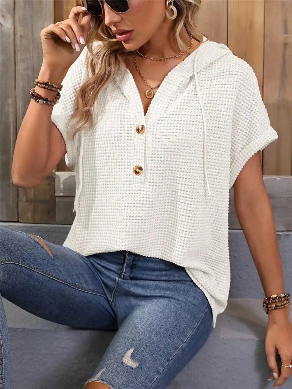Waffle-Knit Hooded Short Sleeve Top.