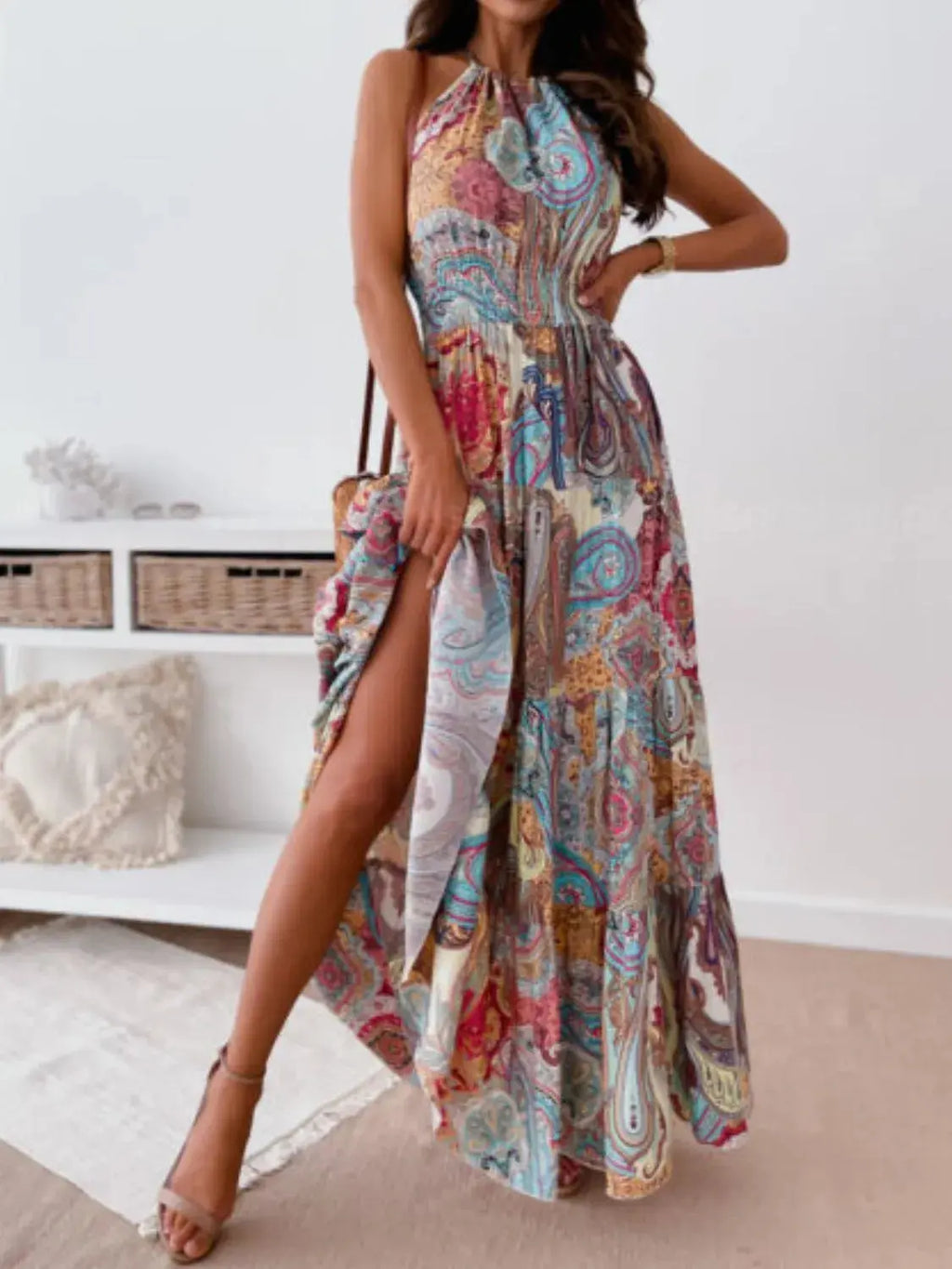 Printed Halter Neck Maxi Dress.