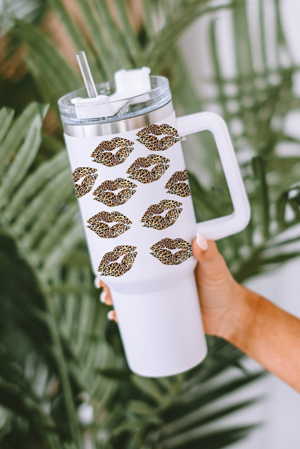 White Valentine Leopard Lips Print Thermos Cup with Straw 40oz Dear-Lover Dropshipping