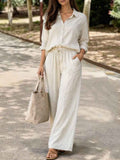 Womens Casual Lapel Collar Pullover Long-Sleeve Pants Set
