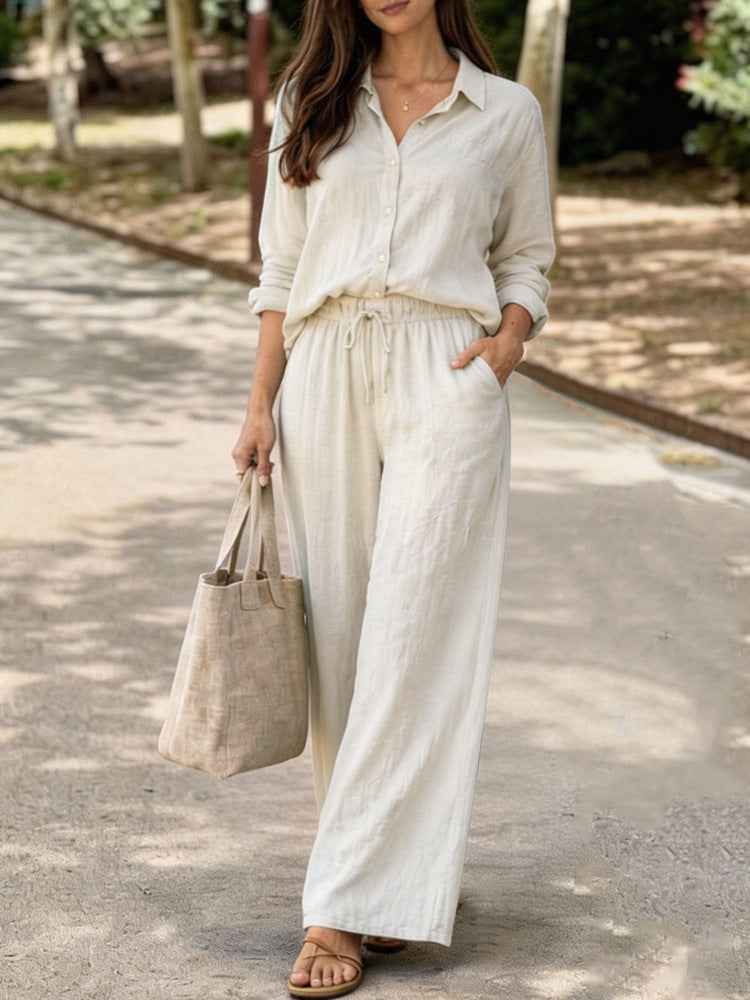 Womens Casual Lapel Collar Pullover Long-Sleeve Pants Set