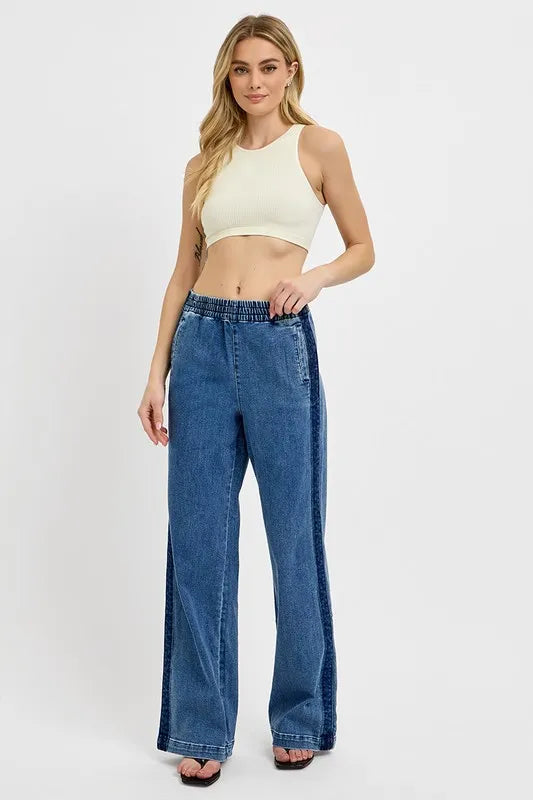 RISEN Full Size Elastic Waist Wide Leg Jeans Plus Size.