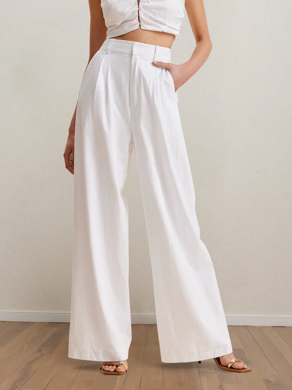 Strapless Peplum Top and Wide Leg Pants Set.