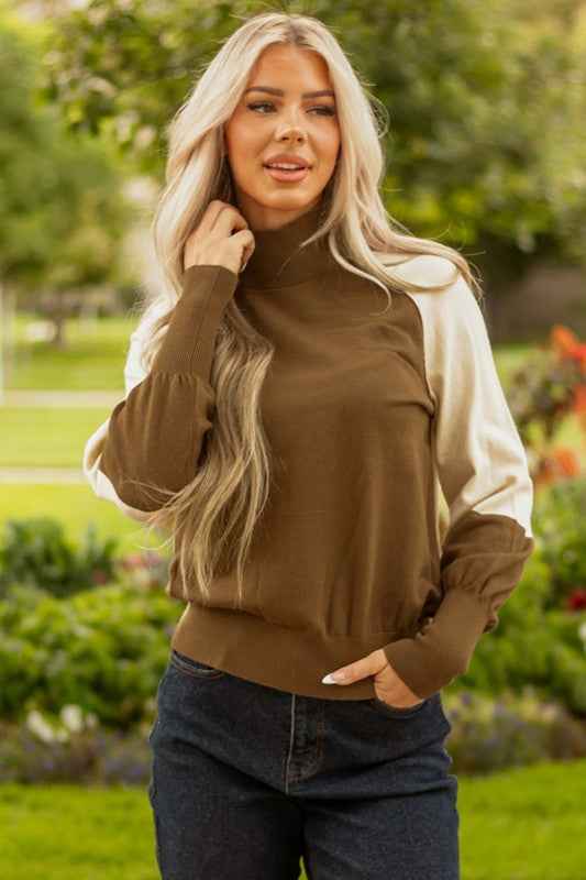 Colorblock Raglan Puff Sleeve Mock Neck Sweater