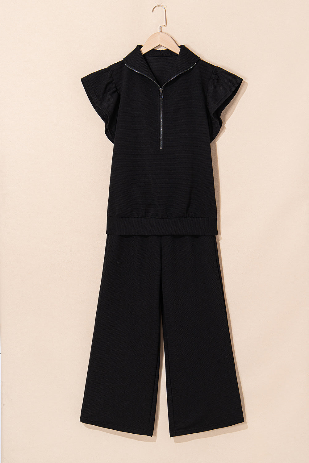 Black Textured Ruffled Sleeve Zipped Top and Wide Leg Pants Set Dear-Lover Dropshipping