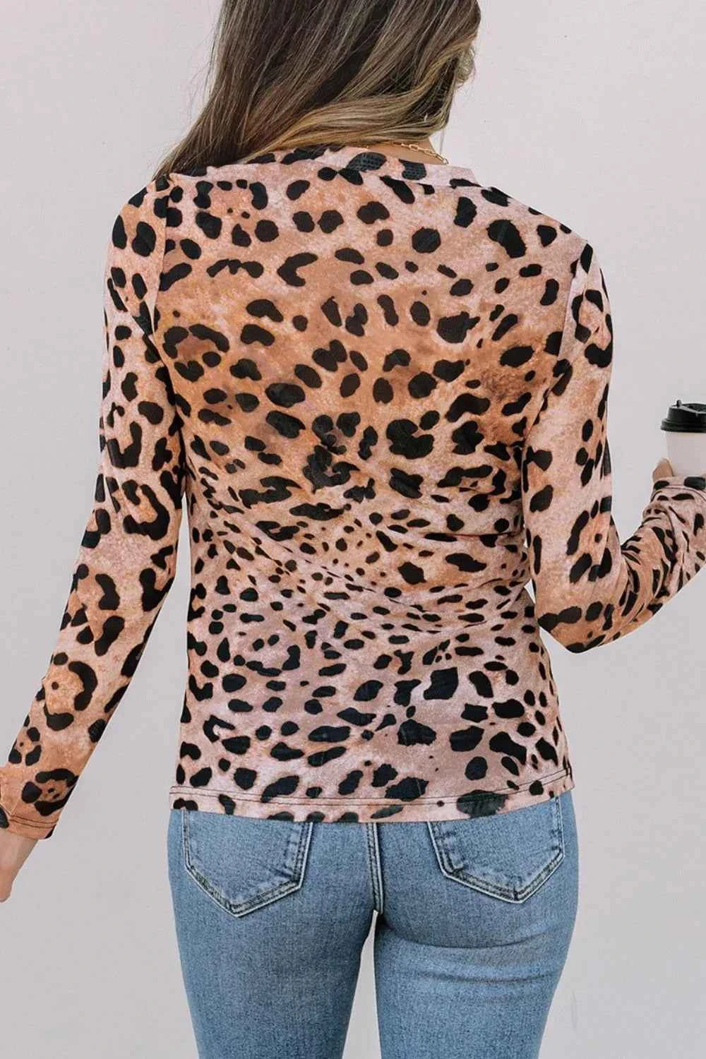 Leopard Round Neck Long Sleeve Blouse