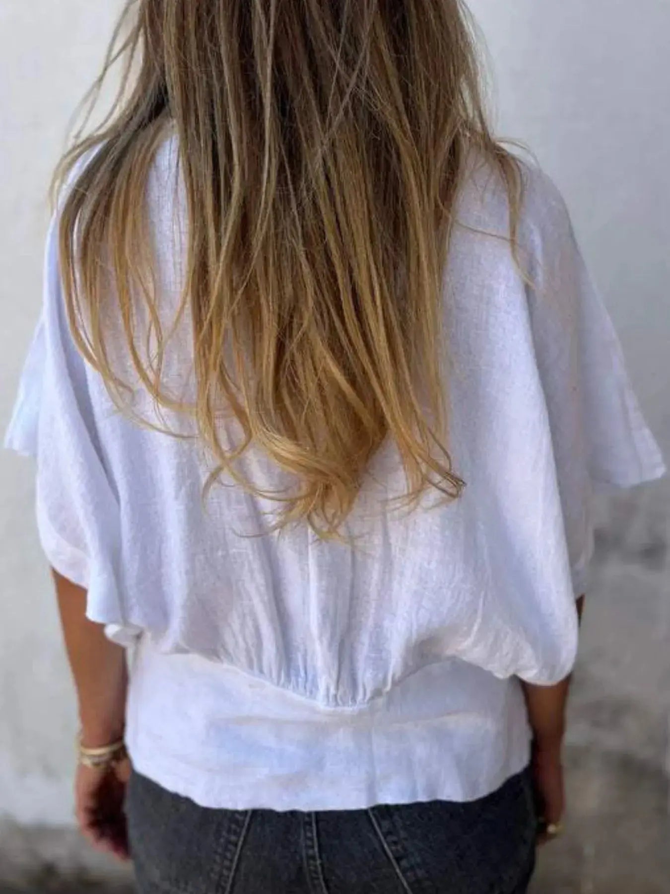 Full Size Smocked Hem V-Neck Relaxed Fit T-Shirt Plus Size.