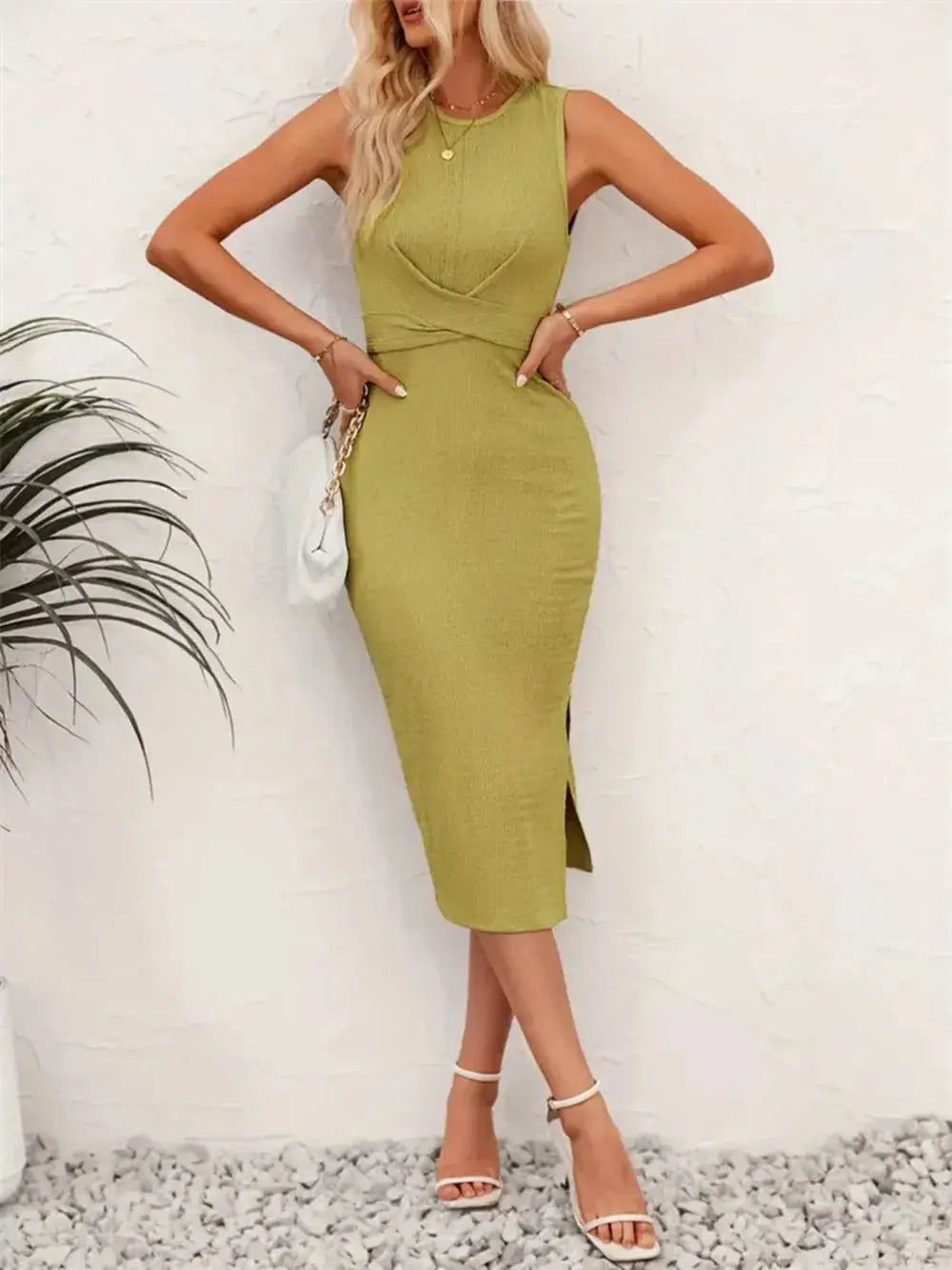 Back Tie Sleeveless Slit Midi Dress.