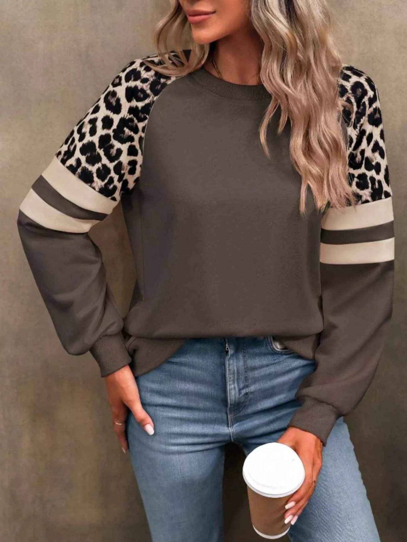 Leopard Round Neck Raglan Sleeve Sweatshirt.