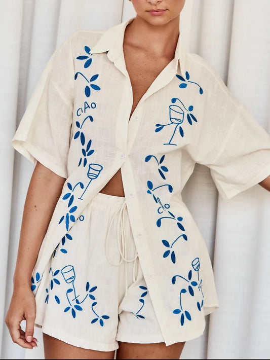 Embroidered Button Up Half Sleeve Top and Shorts Set - CHIC TB