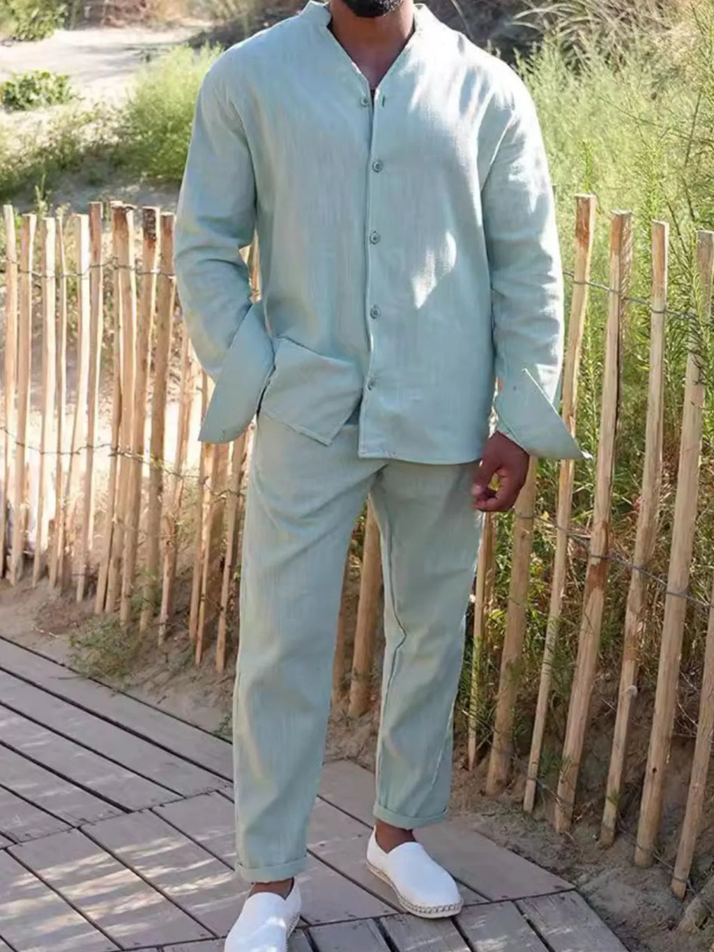 Men's Button Up Long Sleeve Top and Pants Set.