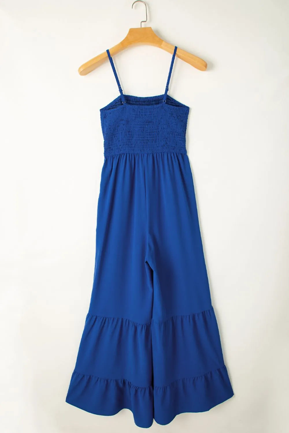 Spaghetti Straps Smocked Ruffled Wide Leg Jumpsuit.