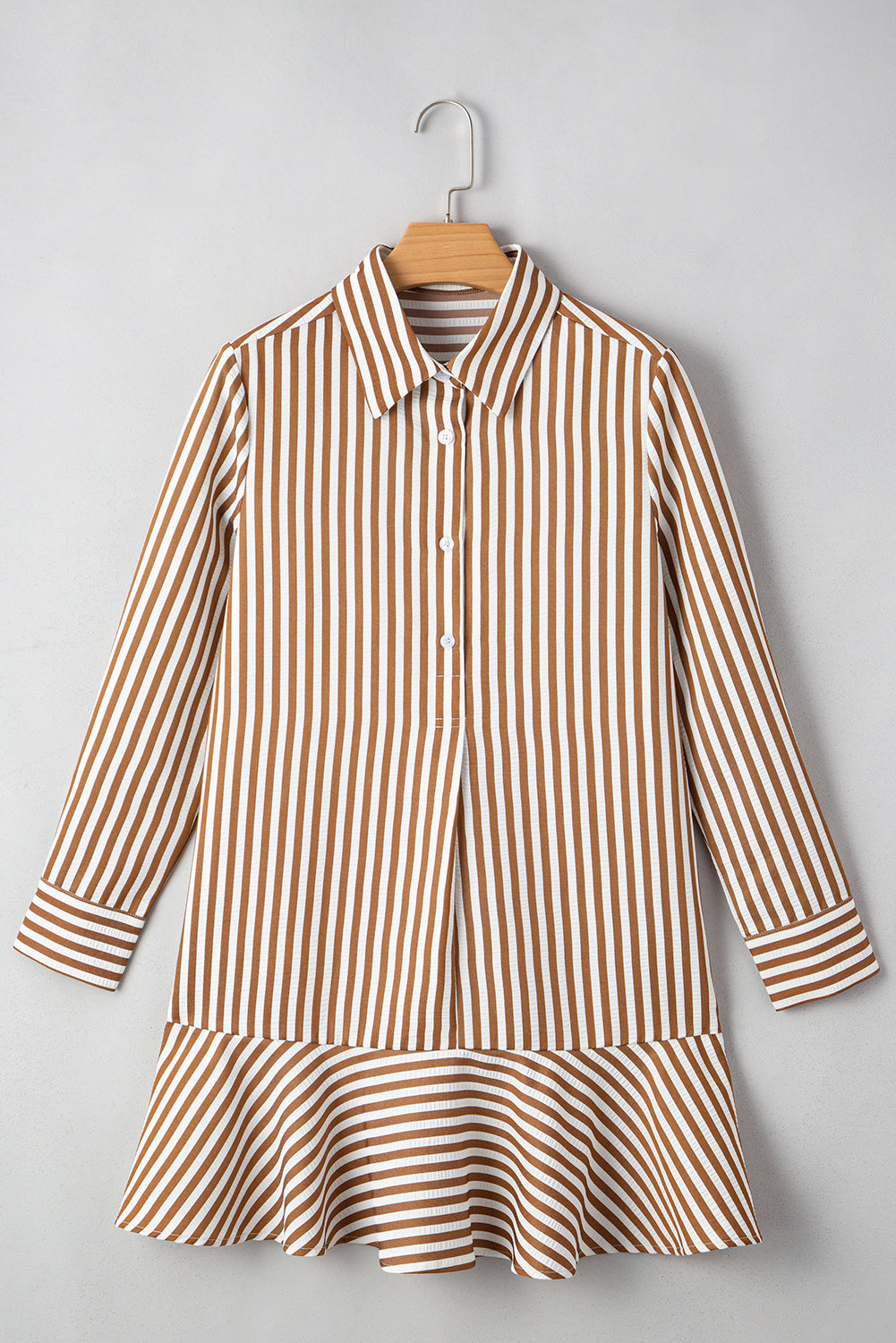 Brown Stripe Ruffled Hem Collared Long Sleeve Shirt Mini Dress Dear-Lover Dropshipping