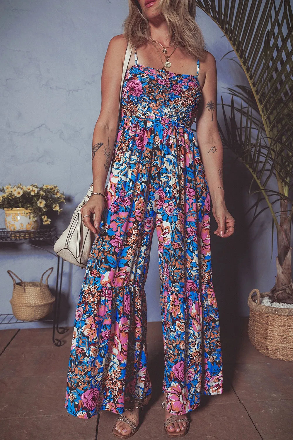 Floral Smocked Spaghetti Straps Wide Leg Jumpsuit - CHIC TB