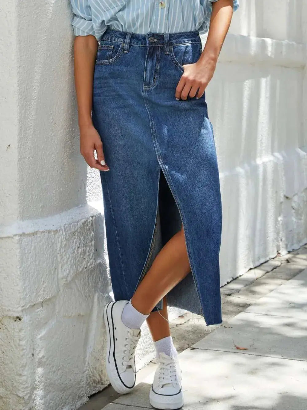 Raw Hem Front Slit Denim Midi Skirt.