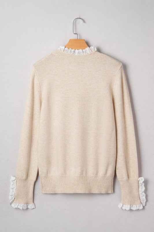 Lace Trim Patchwork Buttoned Cuff Sweater
