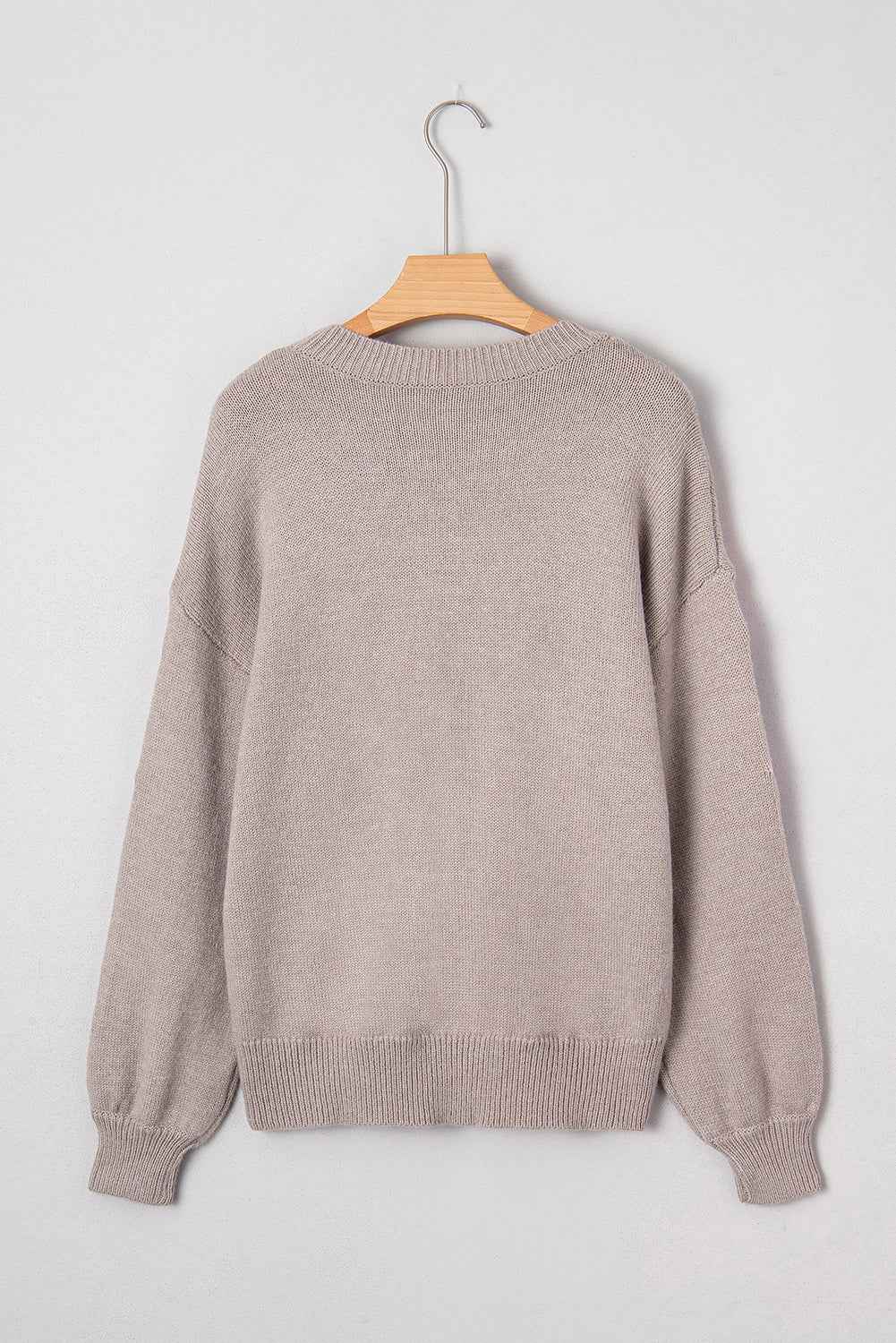 Simply Taupe Embroidered Floral Sleeve Round Neck Loose Sweater