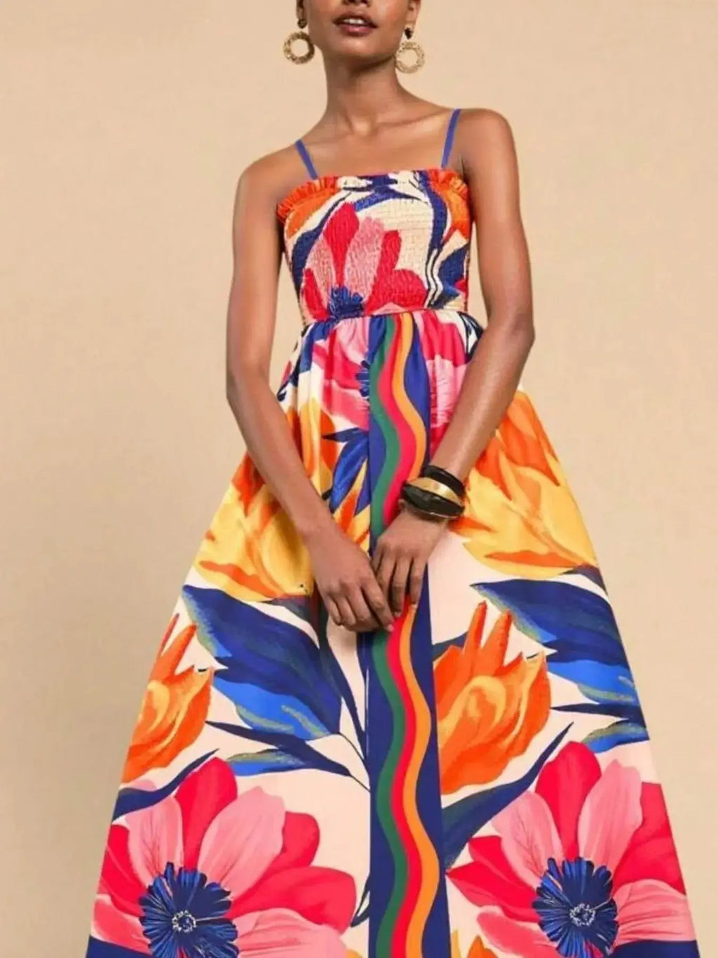 Smocked Printed Spaghetti Strap Maxi Summer Dress.