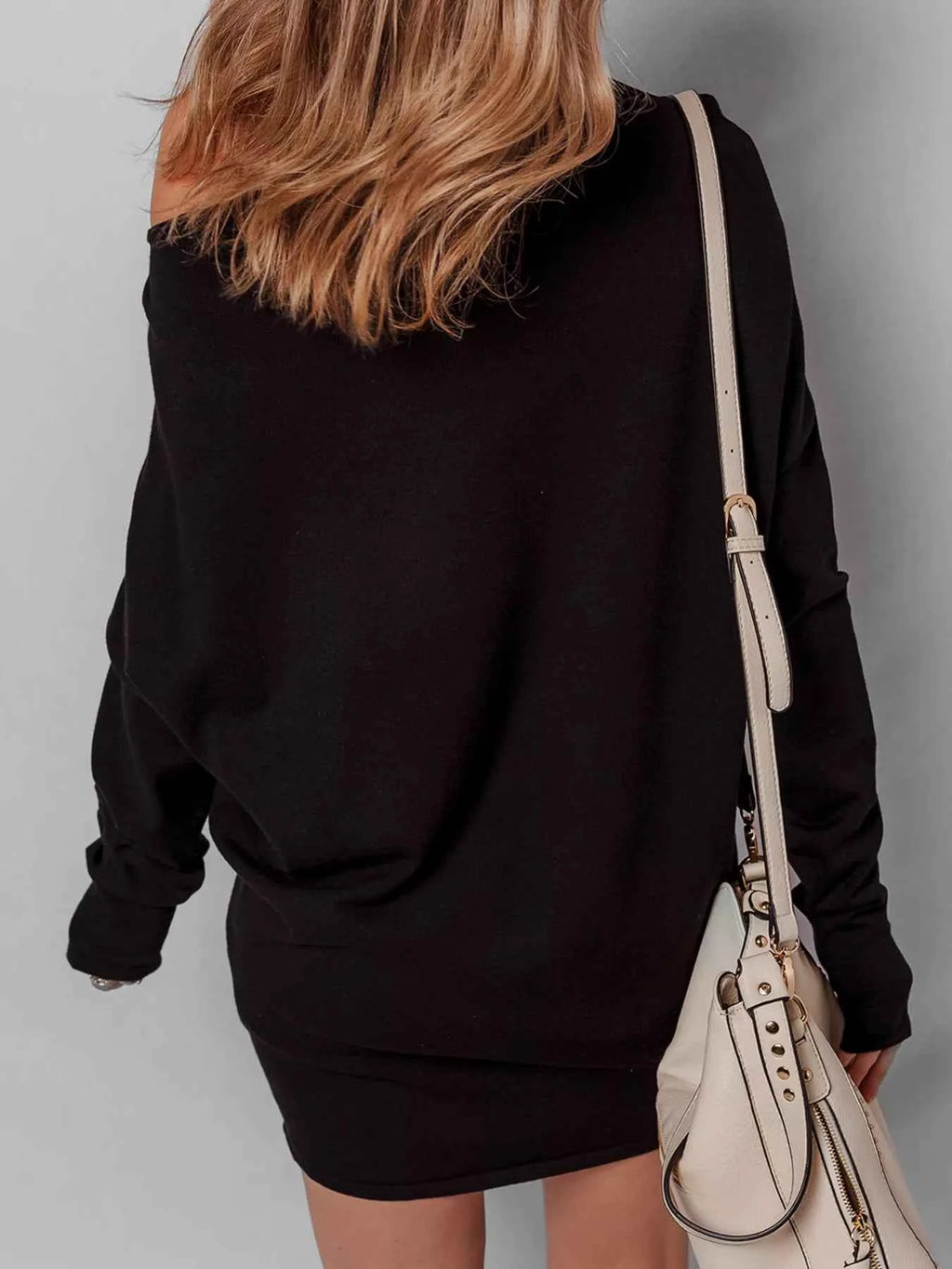 Asymmetric Neck Batwing Sleeve Shift Mini Sweater Dress