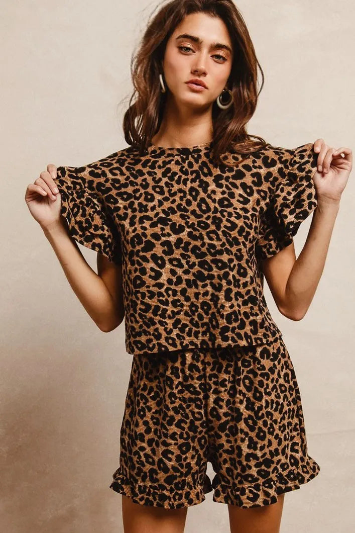 BiBi Leopard Print Waffle Texture Layered Ruffle Sleeve Top and Shorts Set.