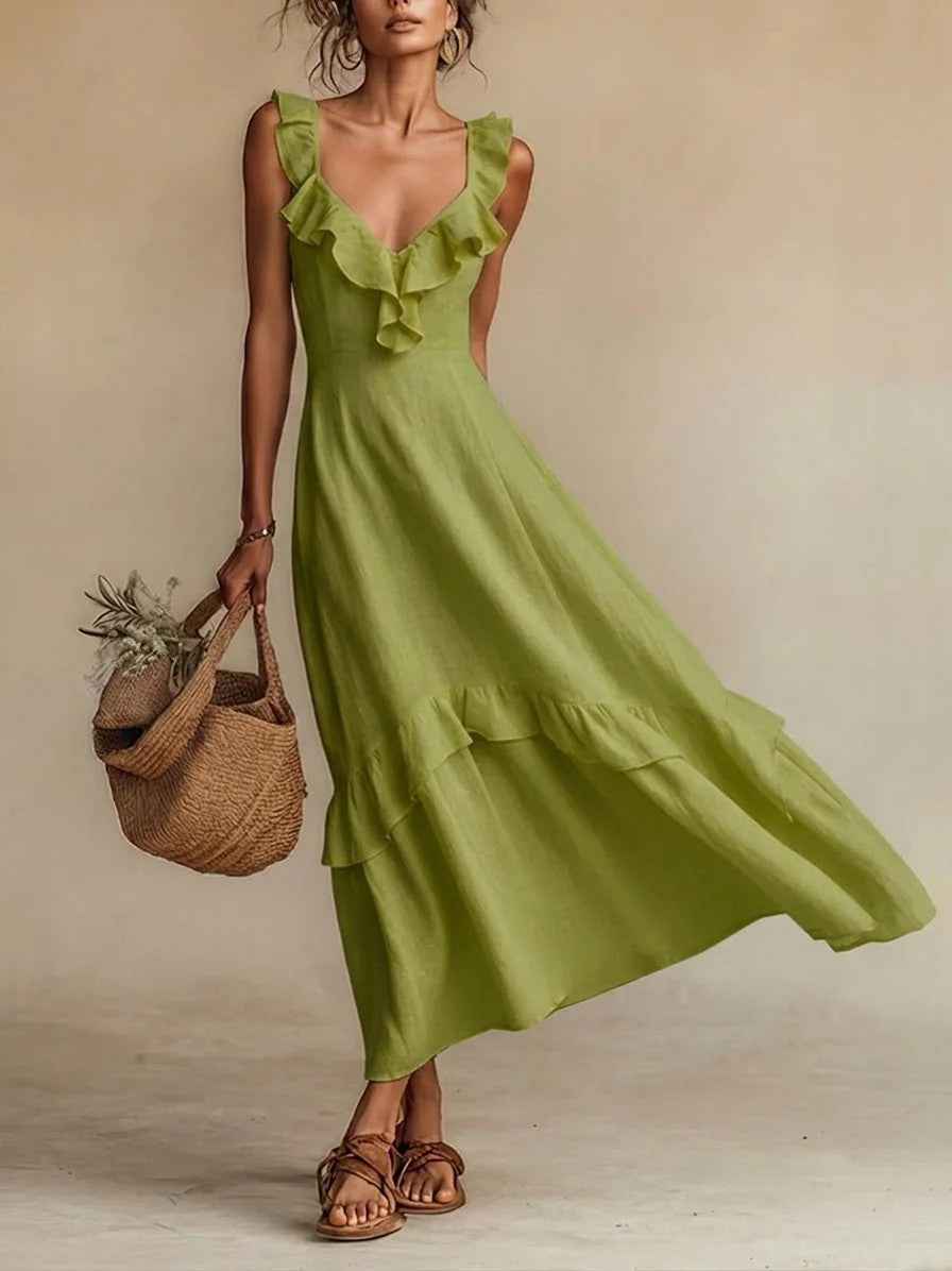 Elegant And Chic Cotton-Linen Dress With Ruffled Flutter Sleeves And A Flowing Hem