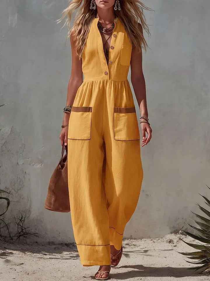 Womens Sleeveless Casual Loose Cotton-Linen Wide-Leg Jumpsuit