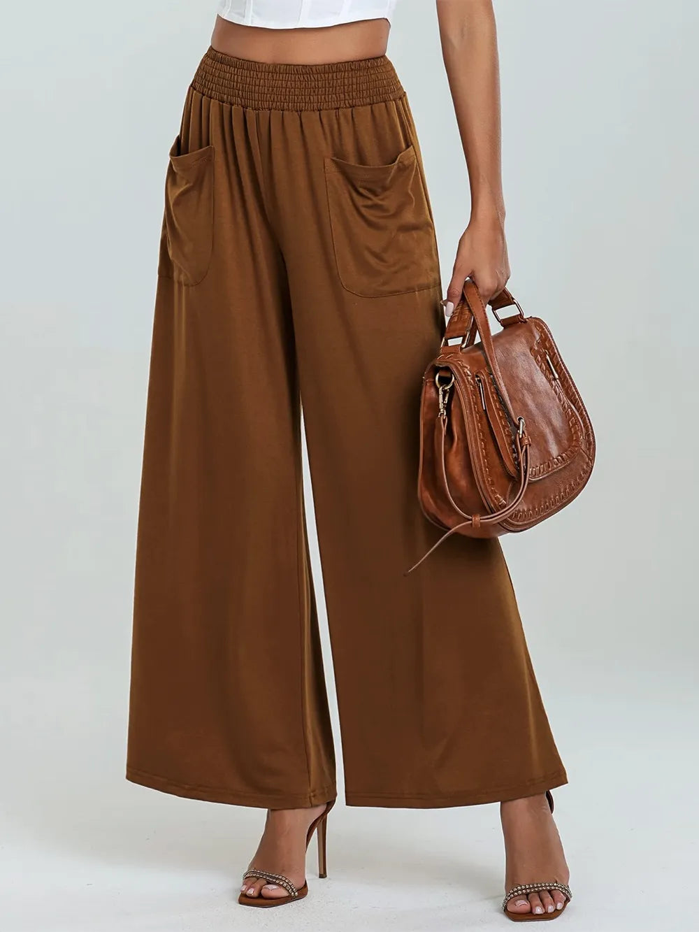 Pocketed Elastic Waist Wide Leg Pants.
