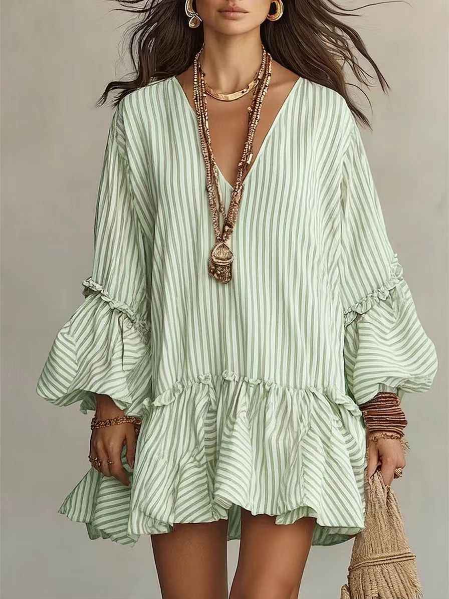 Womens Striped Print V-Neck Long-Sleeve Dress