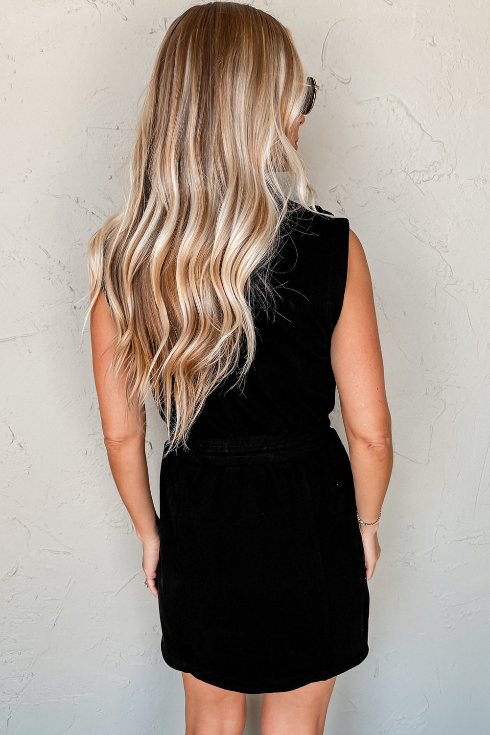 Black French Terry Zipped Collar Sleeveless Drawstring Waist Mini Dress Dear-Lover Dropshipping