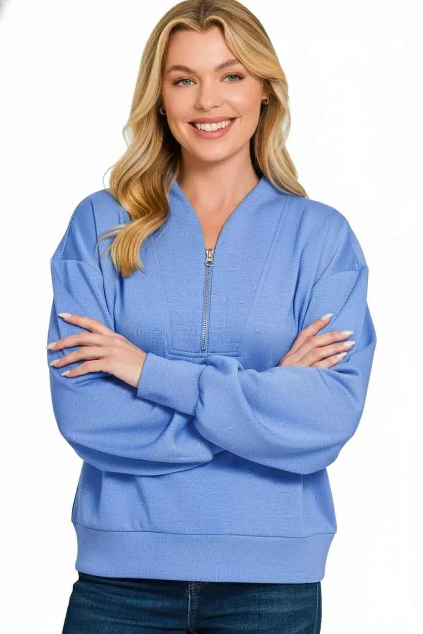Zenana Scuba Half Zip Drop Shoulder Sweatshirt