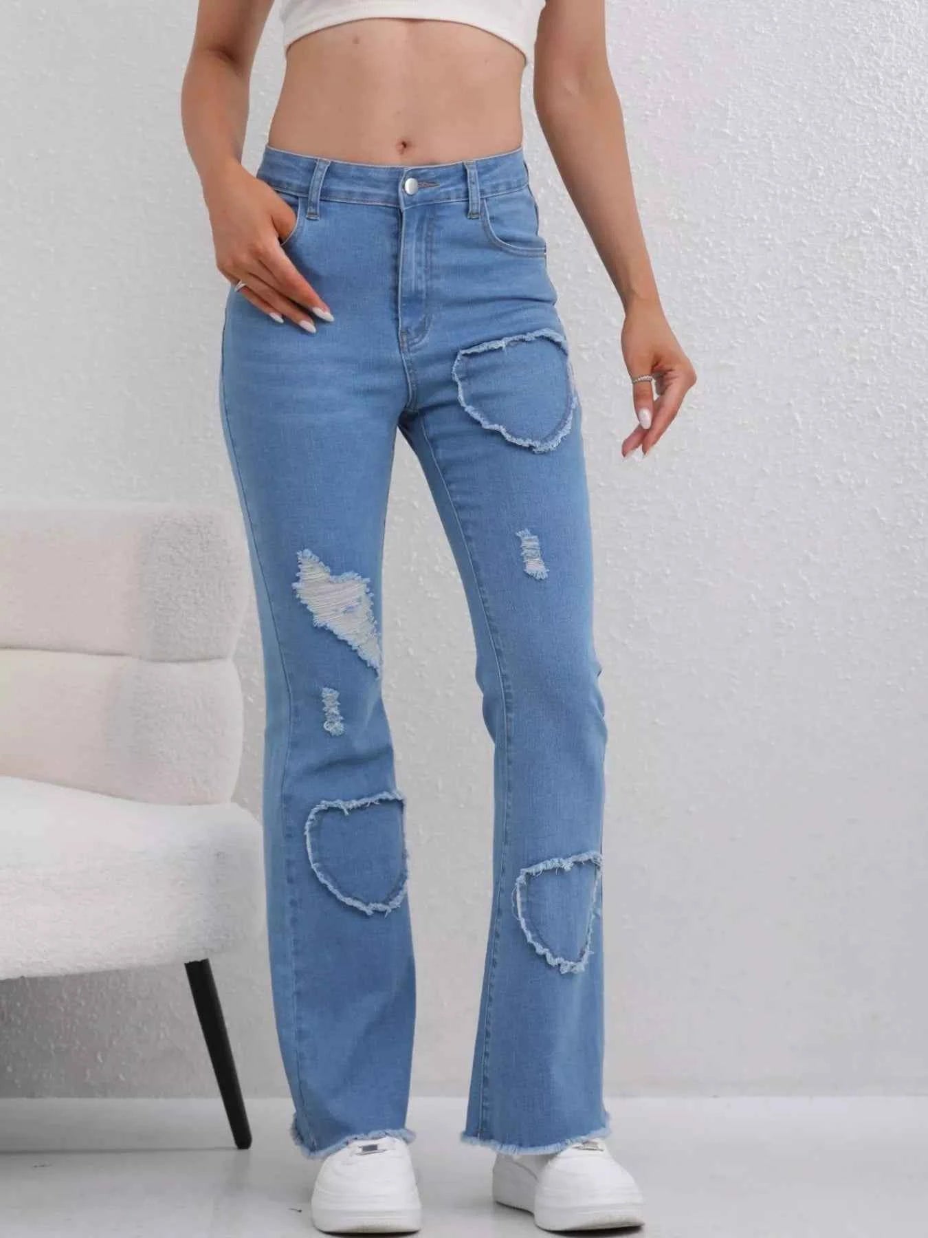 Heart Distressed Flare Jeans