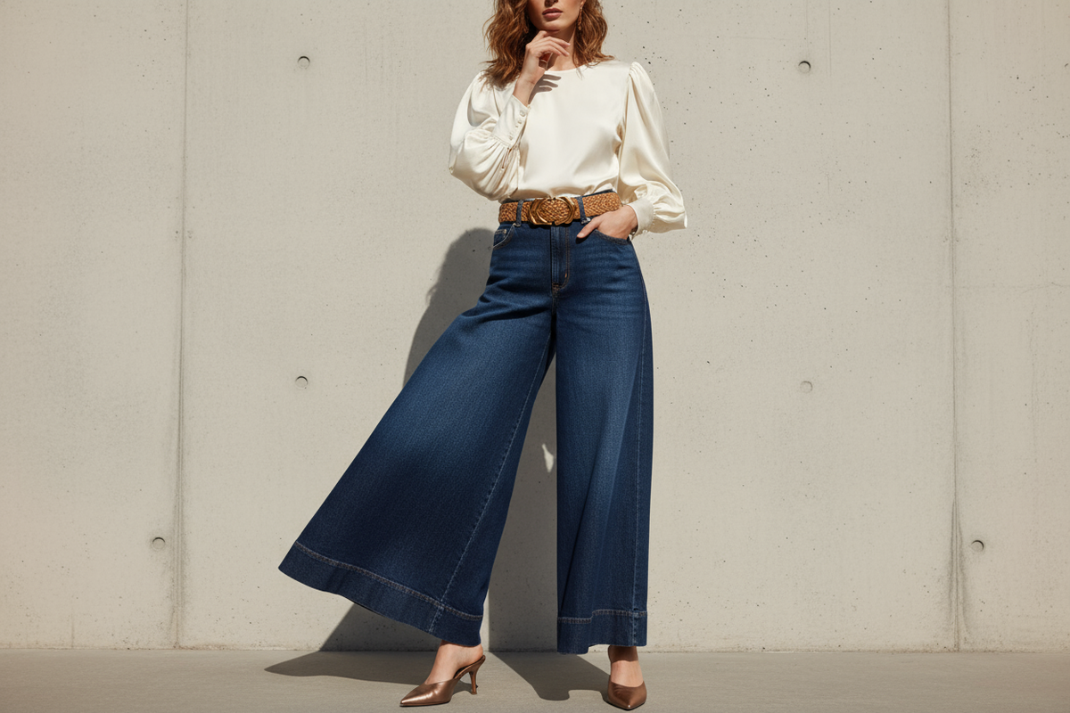  Woman wearing wide leg jeans 